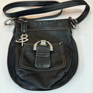 B Makowsky Black Pebble Leather Crossbody Bag with Silvertone B Charm
